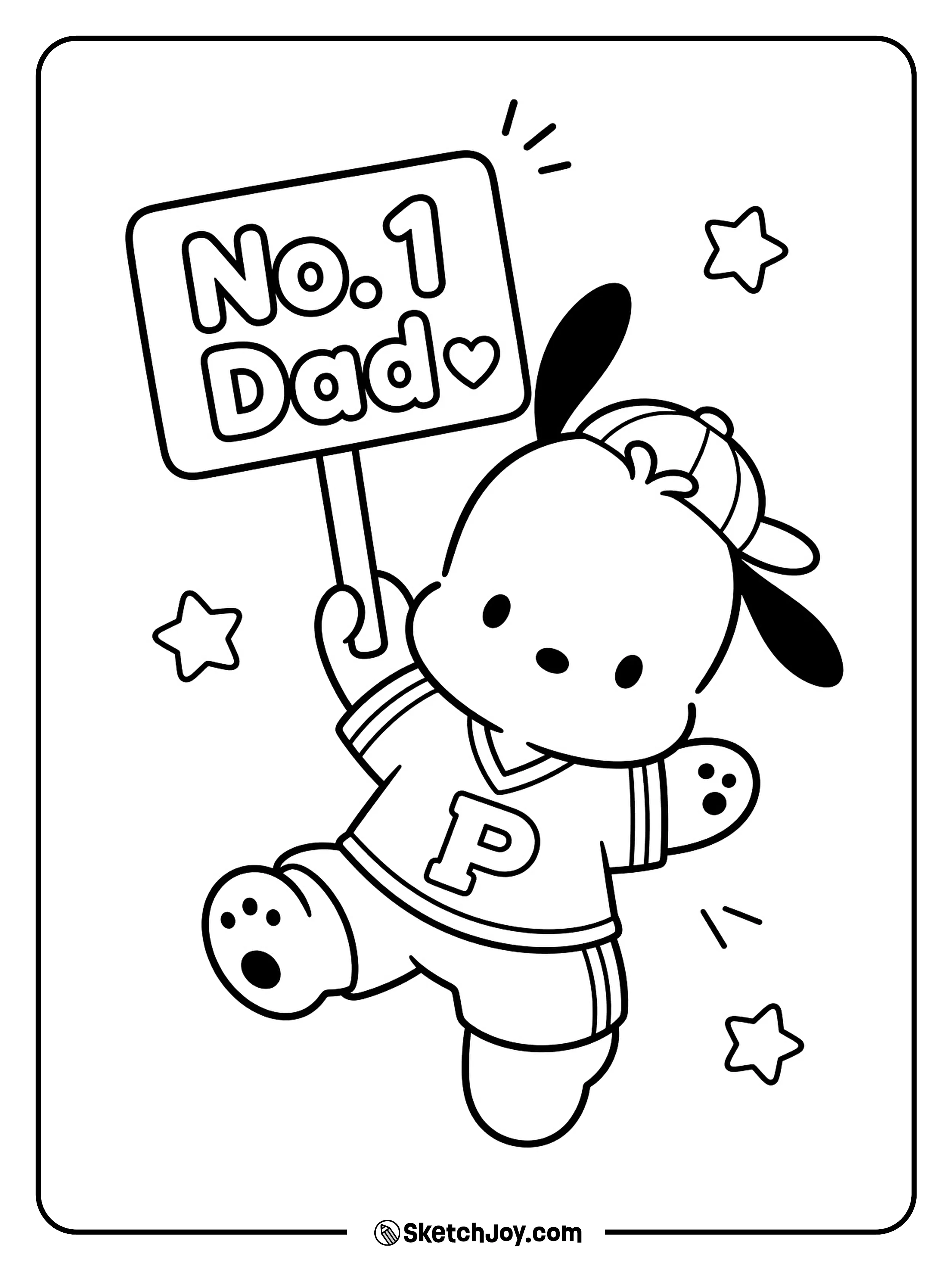 Pochacco holds a fun sign and smiles for Dad.